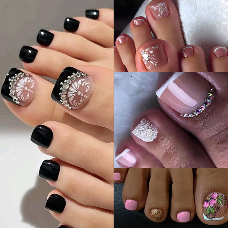 4 Boxes (96pcs), Short Rounded Square Press On Toenails Combination Set for Flower Glitter Pedicure Nail Art Full CoverFalse Toenails for Women