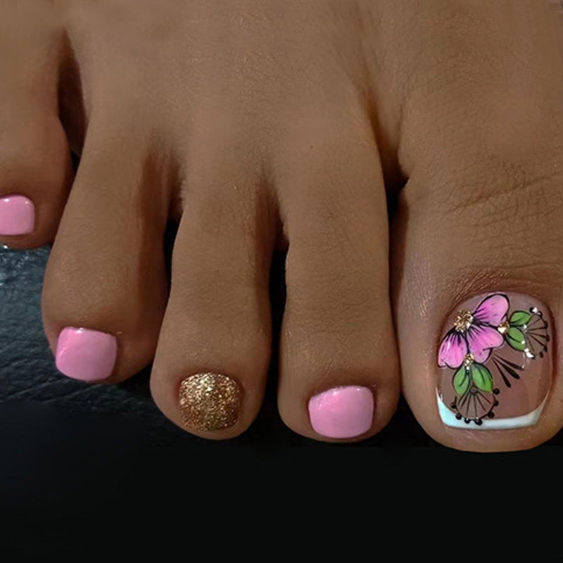 4 Boxes (96pcs), Short Rounded Square Press On Toenails Combination Set for Flower Glitter Pedicure Nail Art Full CoverFalse Toenails for Women