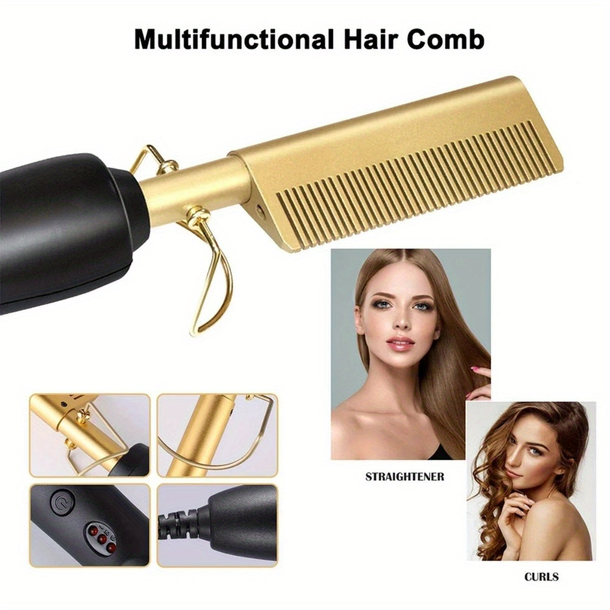Portable Ceramic Hot Comb Hair Straightener & Curler – Copper Heat Press Styling Tool for Wet and Dry Hair, Beard, and Wigs – 110V, US Plug, Ergonomic Design with Comfort Grip