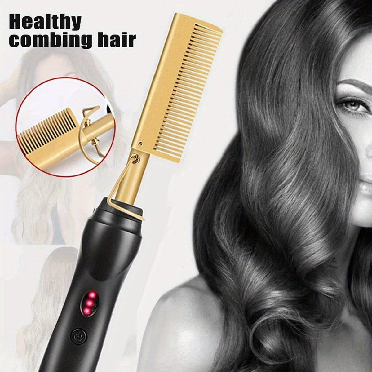 Portable Ceramic Hot Comb Hair Straightener & Curler – Copper Heat Press Styling Tool for Wet and Dry Hair, Beard, and Wigs – 110V, US Plug, Ergonomic Design with Comfort Grip