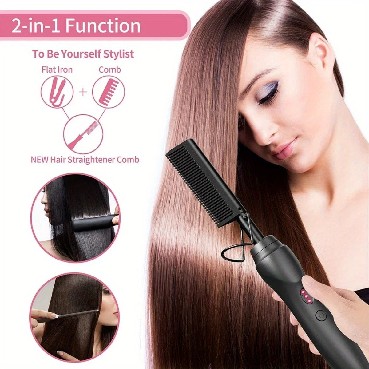 Portable Ceramic Hot Comb Hair Straightener & Curler – Copper Heat Press Styling Tool for Wet and Dry Hair, Beard, and Wigs – 110V, US Plug, Ergonomic Design with Comfort Grip