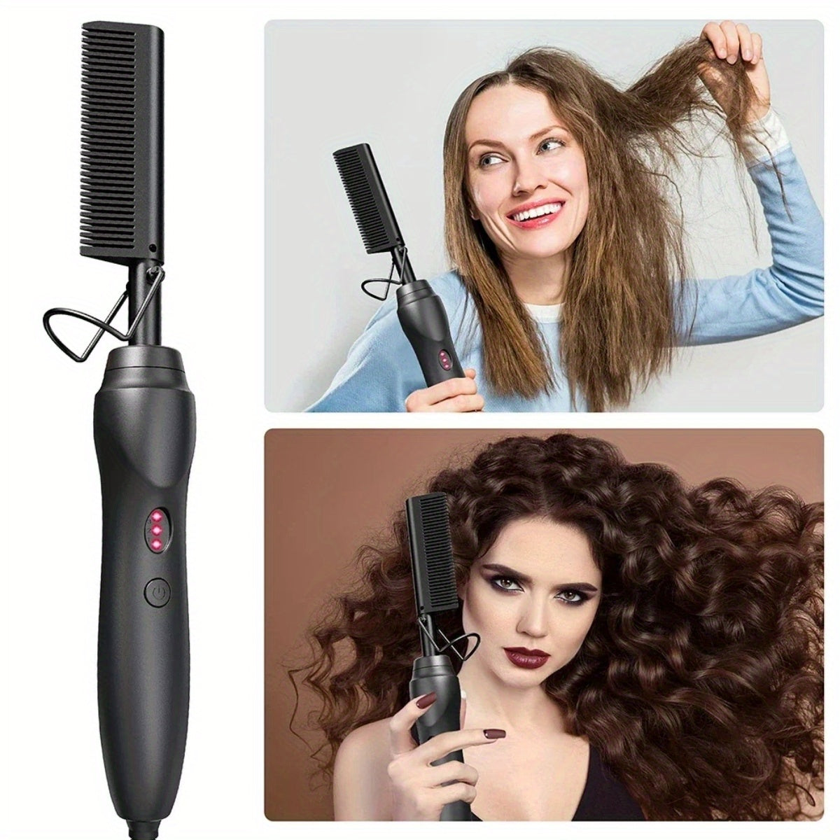 Portable Ceramic Hot Comb Hair Straightener & Curler – Copper Heat Press Styling Tool for Wet and Dry Hair, Beard, and Wigs – 110V, US Plug, Ergonomic Design with Comfort Grip