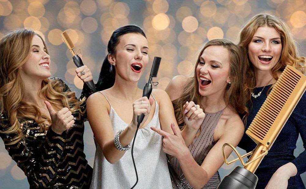 Portable Ceramic Hot Comb Hair Straightener & Curler – Copper Heat Press Styling Tool for Wet and Dry Hair, Beard, and Wigs – 110V, US Plug, Ergonomic Design with Comfort Grip