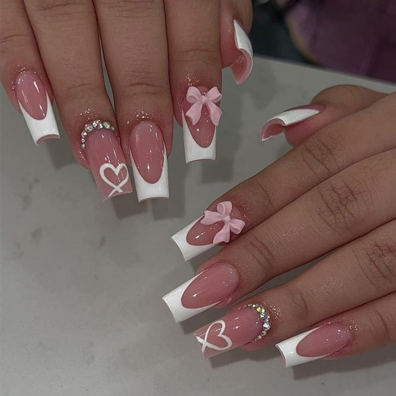 48pcs/2pcs White French Tip Press on Nails Medium Square Fake Nails Full Cover False Nails with 3D Pink Bow Rhinestones Heart Designs Acrylic Stick on Nails Reusable Nude Artificial Nails for Women
