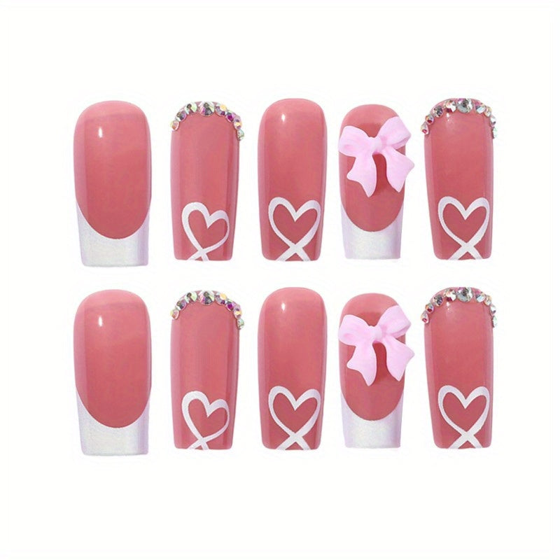 48pcs/2pcs White French Tip Press on Nails Medium Square Fake Nails Full Cover False Nails with 3D Pink Bow Rhinestones Heart Designs Acrylic Stick on Nails Reusable Nude Artificial Nails for Women