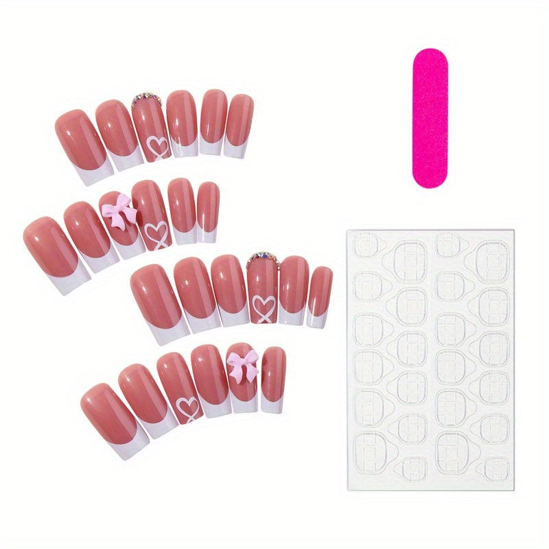 48pcs/2pcs White French Tip Press on Nails Medium Square Fake Nails Full Cover False Nails with 3D Pink Bow Rhinestones Heart Designs Acrylic Stick on Nails Reusable Nude Artificial Nails for Women