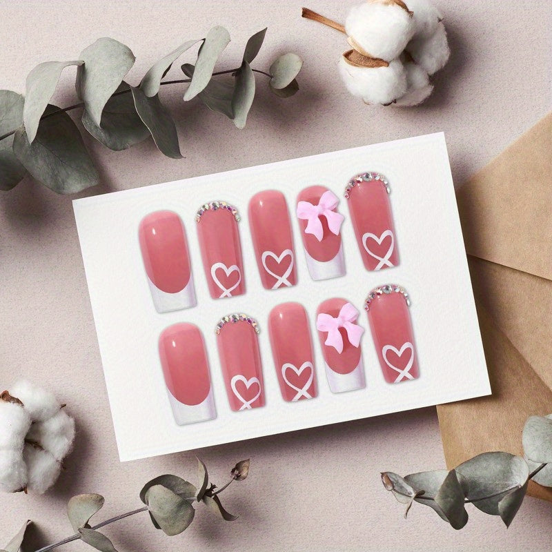 48pcs/2pcs White French Tip Press on Nails Medium Square Fake Nails Full Cover False Nails with 3D Pink Bow Rhinestones Heart Designs Acrylic Stick on Nails Reusable Nude Artificial Nails for Women