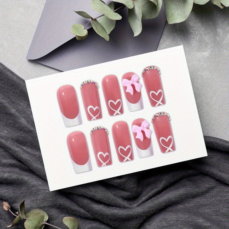 48pcs/2pcs White French Tip Press on Nails Medium Square Fake Nails Full Cover False Nails with 3D Pink Bow Rhinestones Heart Designs Acrylic Stick on Nails Reusable Nude Artificial Nails for Women