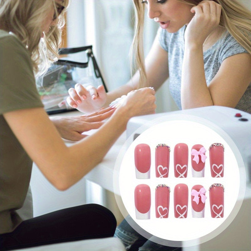 48pcs/2pcs White French Tip Press on Nails Medium Square Fake Nails Full Cover False Nails with 3D Pink Bow Rhinestones Heart Designs Acrylic Stick on Nails Reusable Nude Artificial Nails for Women