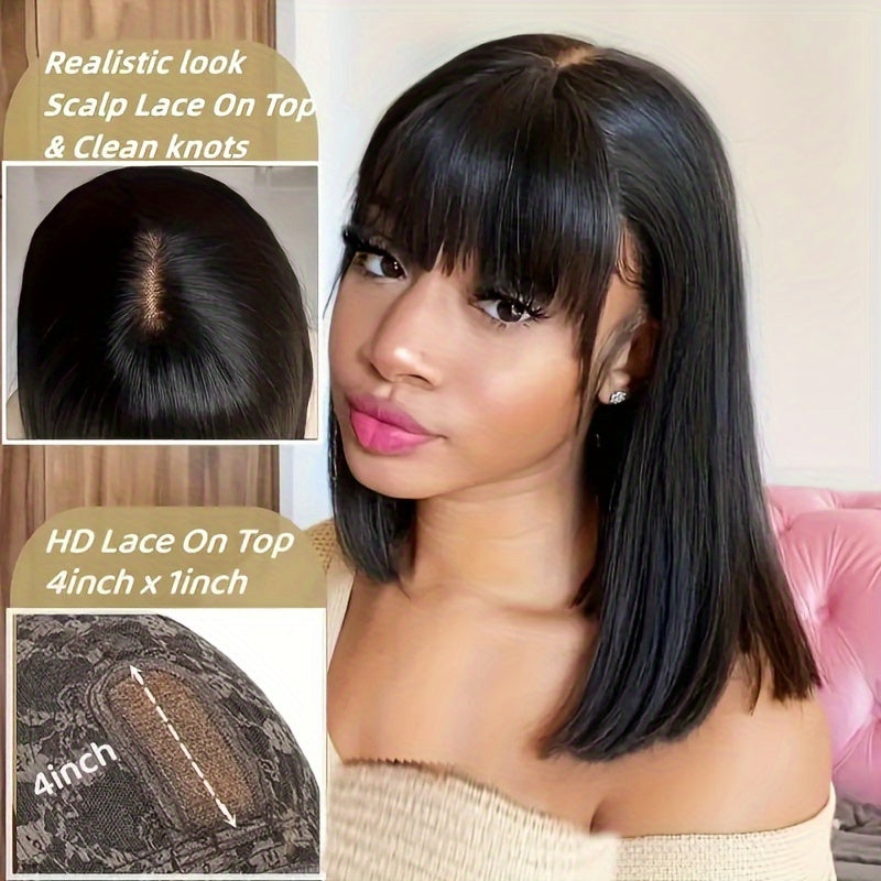 180% 4x1 Human Hair Wig 4x1 HD Lace Short Bob Wig Straight Human Hair Wigs Glueless Wig Natural Color with Bangs Brazilian Remy Put On Go Bob Wigs for Women