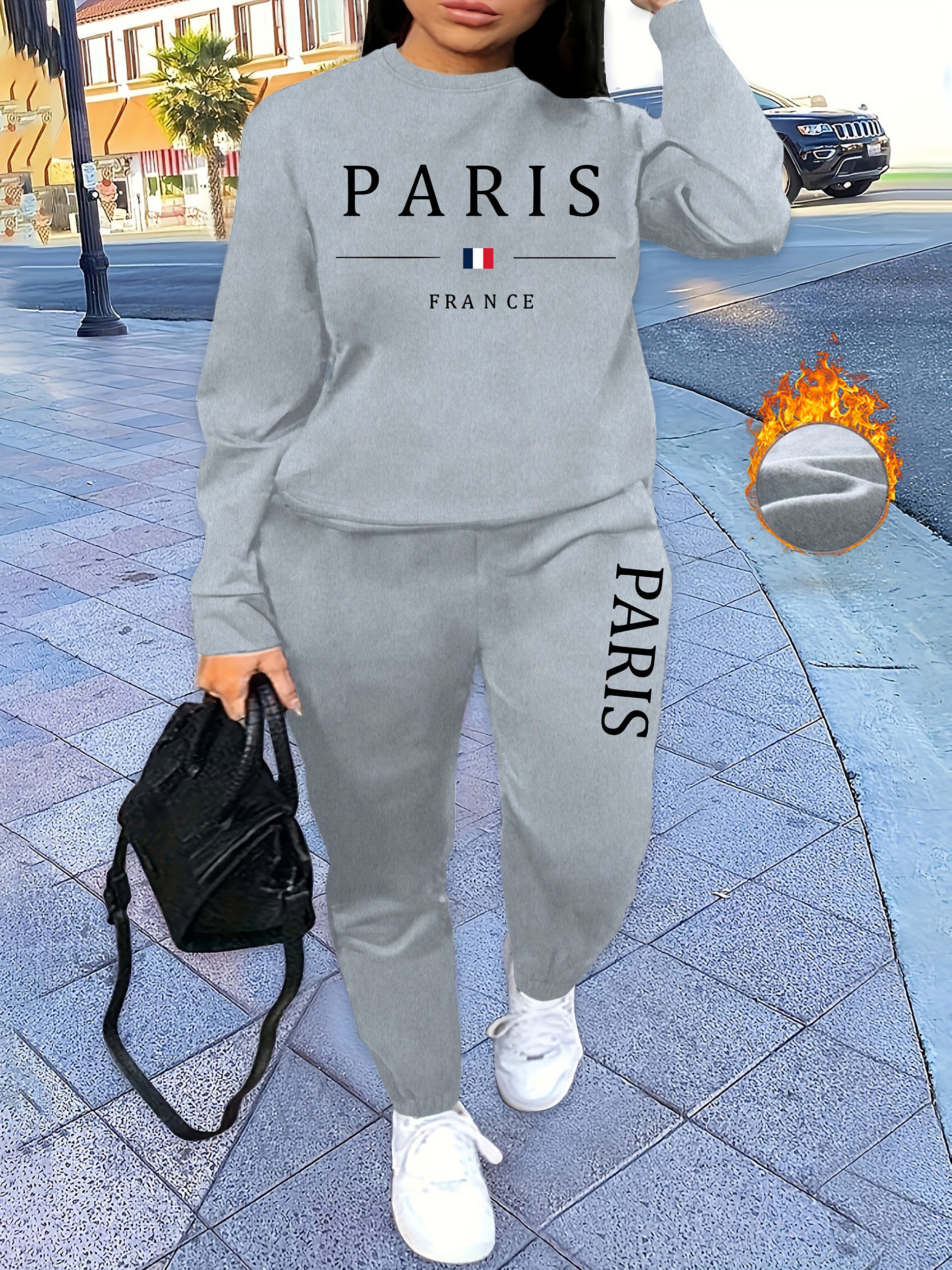 [Soft Texture] Women's Parisian Chic Letter Print Two-Piece Set - Cozy Gray Crew Neck Sweatshirt & Pants, 100% Polyester, Machine Washable, All-Season Comfort, Allseason Outfit|Parisian Chic Style|Cozy Material