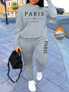 [Soft Texture] Women's Parisian Chic Letter Print Two-Piece Set - Cozy Gray Crew Neck Sweatshirt & Pants, 100% Polyester, Machine Washable, All-Season Comfort, Allseason Outfit|Parisian Chic Style|Cozy Material