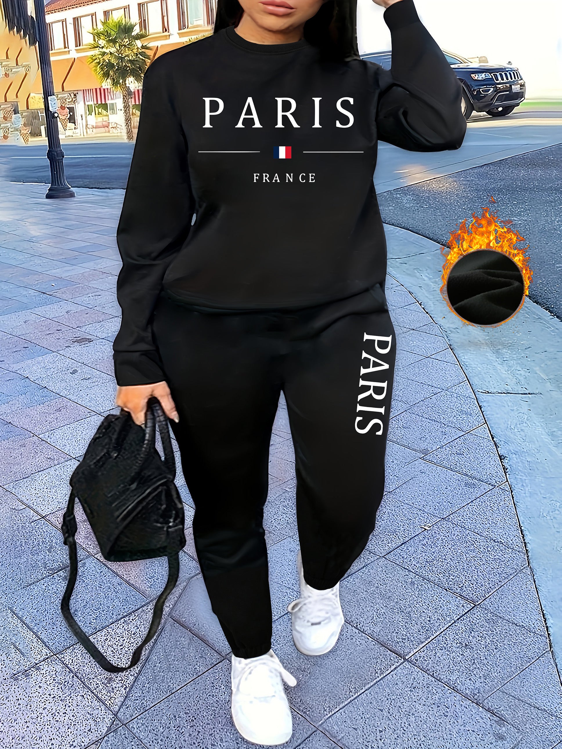 [Soft Texture] Women's Parisian Chic Letter Print Two-Piece Set - Cozy Gray Crew Neck Sweatshirt & Pants, 100% Polyester, Machine Washable, All-Season Comfort, Allseason Outfit|Parisian Chic Style|Cozy Material
