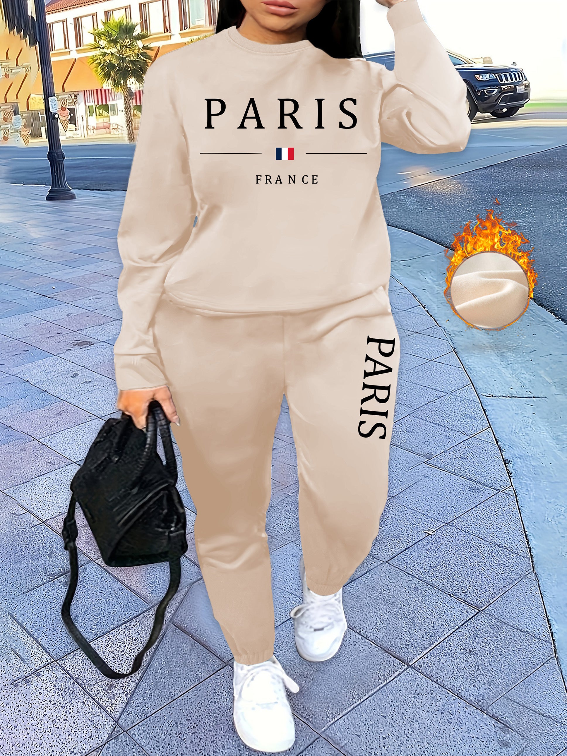 [Soft Texture] Women's Parisian Chic Letter Print Two-Piece Set - Cozy Gray Crew Neck Sweatshirt & Pants, 100% Polyester, Machine Washable, All-Season Comfort, Allseason Outfit|Parisian Chic Style|Cozy Material