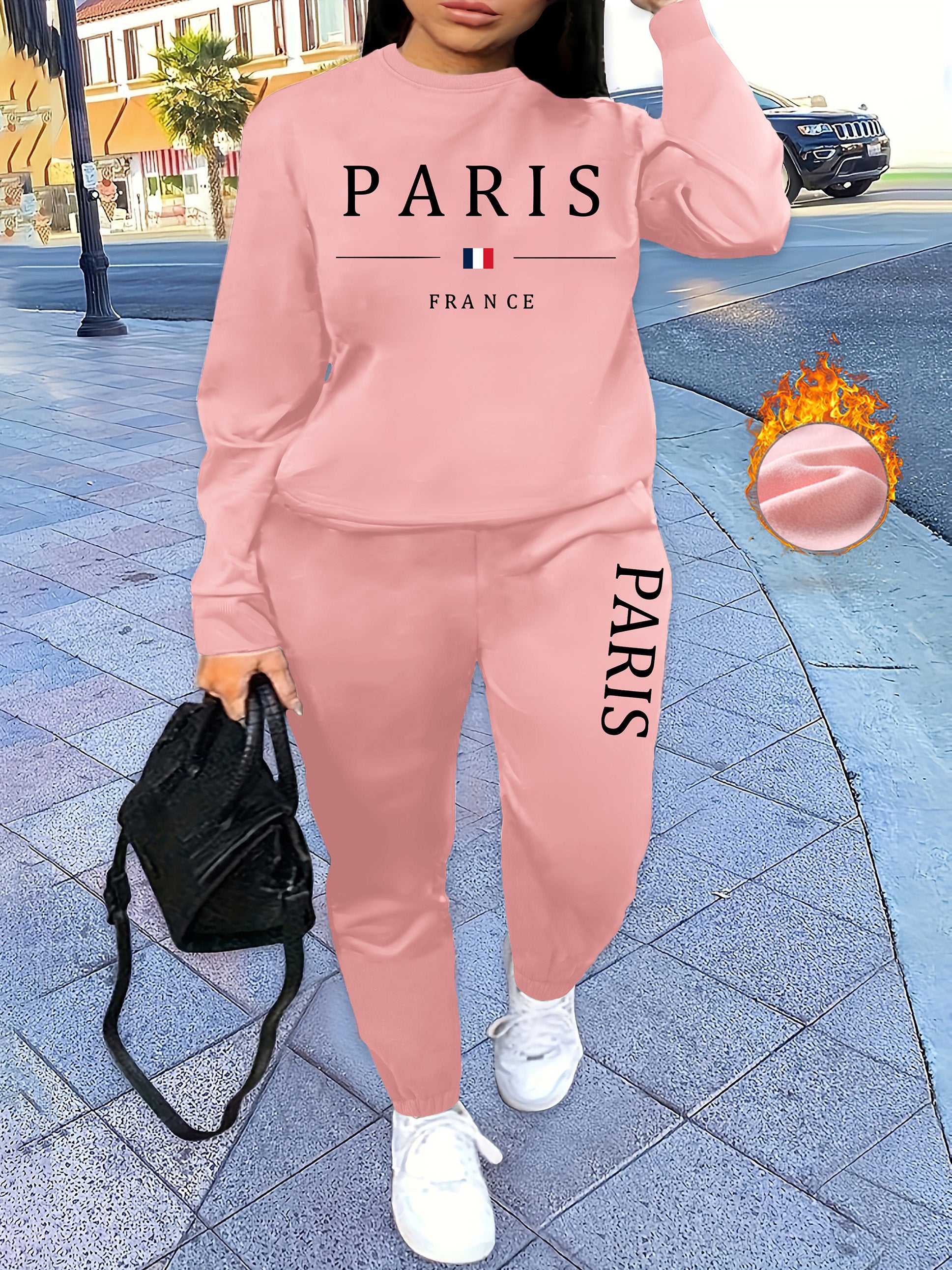 [Soft Texture] Women's Parisian Chic Letter Print Two-Piece Set - Cozy Gray Crew Neck Sweatshirt & Pants, 100% Polyester, Machine Washable, All-Season Comfort, Allseason Outfit|Parisian Chic Style|Cozy Material