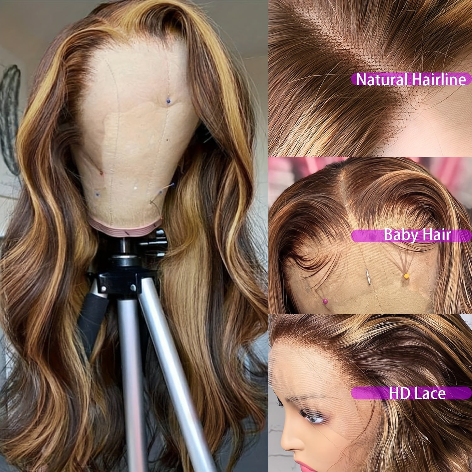 High Gloss 4x4 Lace Closure Human Hair Wig - Blonde Highlight Body Wave HD Lace Front Glueless 4/27 Wig For Women