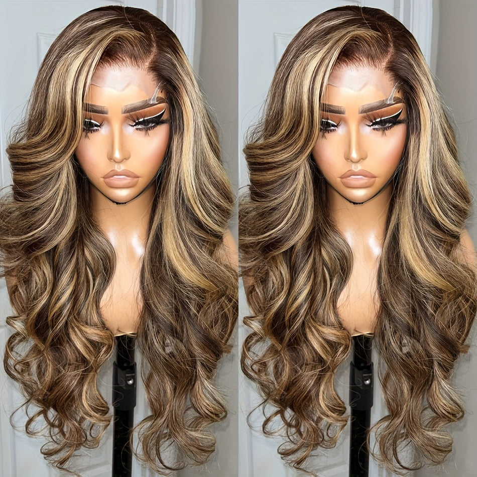 High Gloss 4x4 Lace Closure Human Hair Wig - Blonde Highlight Body Wave HD Lace Front Glueless 4/27 Wig For Women