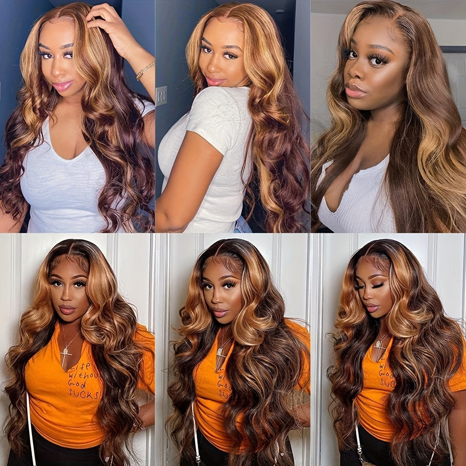 High Gloss 4x4 Lace Closure Human Hair Wig - Blonde Highlight Body Wave HD Lace Front Glueless 4/27 Wig For Women