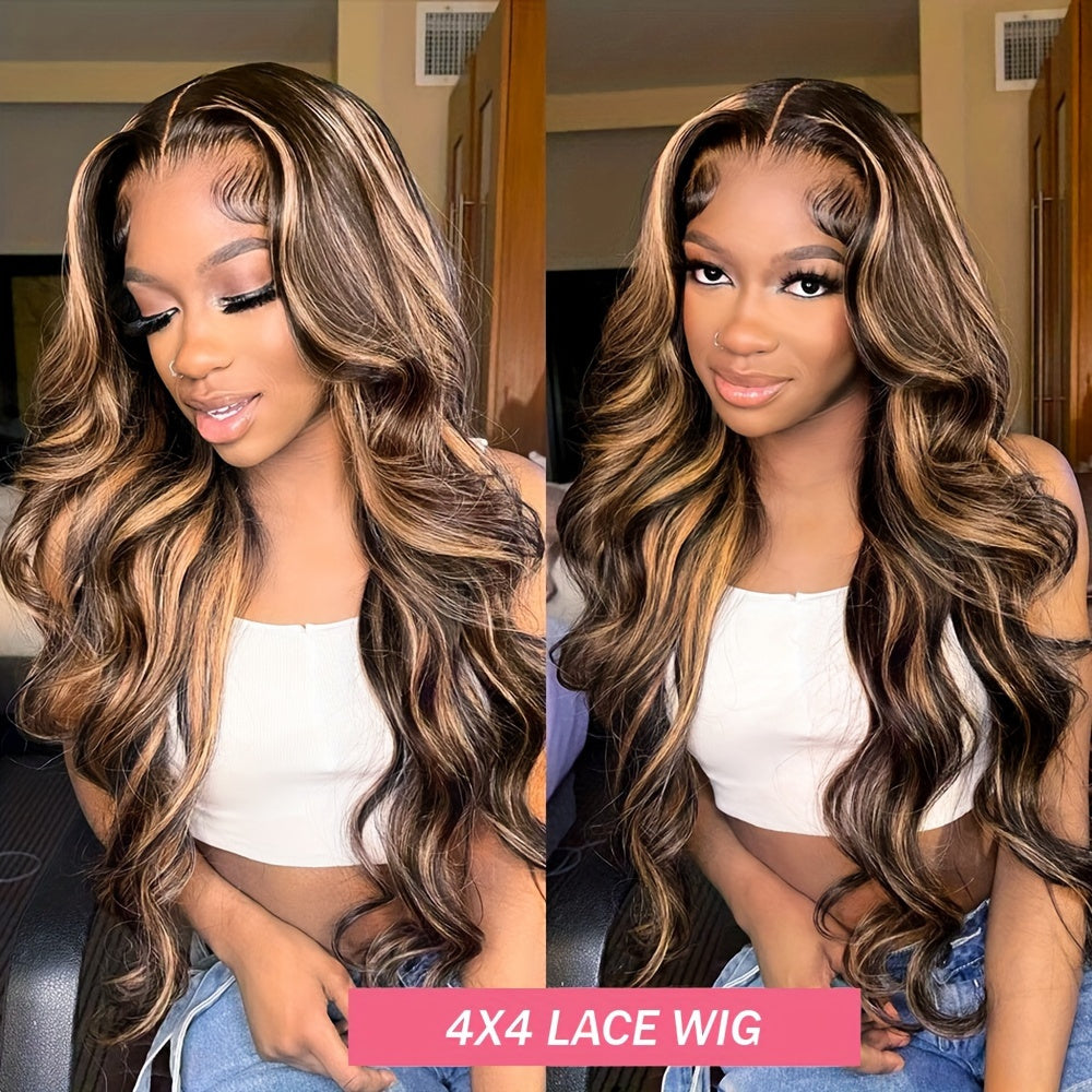 High Gloss 4x4 Lace Closure Human Hair Wig - Blonde Highlight Body Wave HD Lace Front Glueless 4/27 Wig For Women
