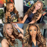 High Gloss 4x4 Lace Closure Human Hair Wig - Blonde Highlight Body Wave HD Lace Front Glueless 4/27 Wig For Women