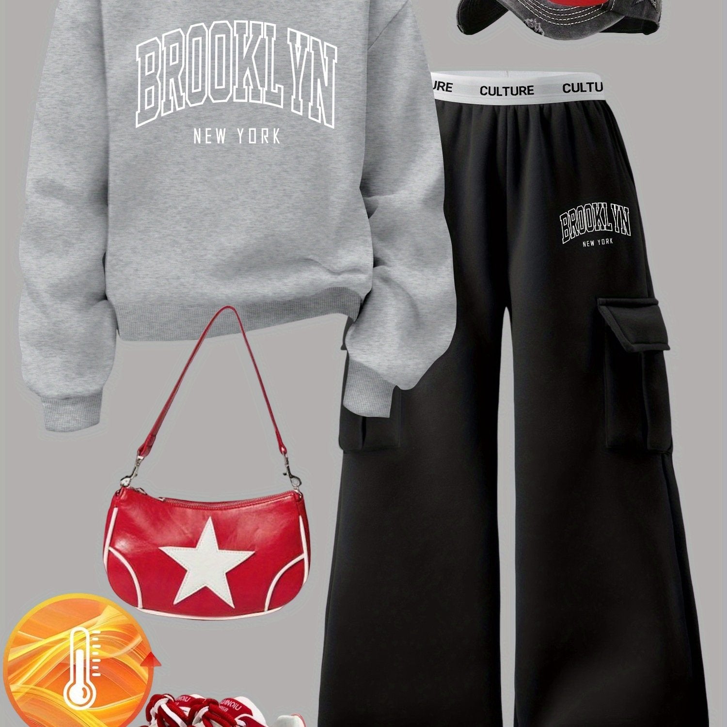 Women's Brooklyn New York Letter Print Sweatshirt Set - Casual Gray Long Sleeve Crewneck & Black Cargo Pants with Pockets, Polyester Blend, Perfect for Fall/Winter