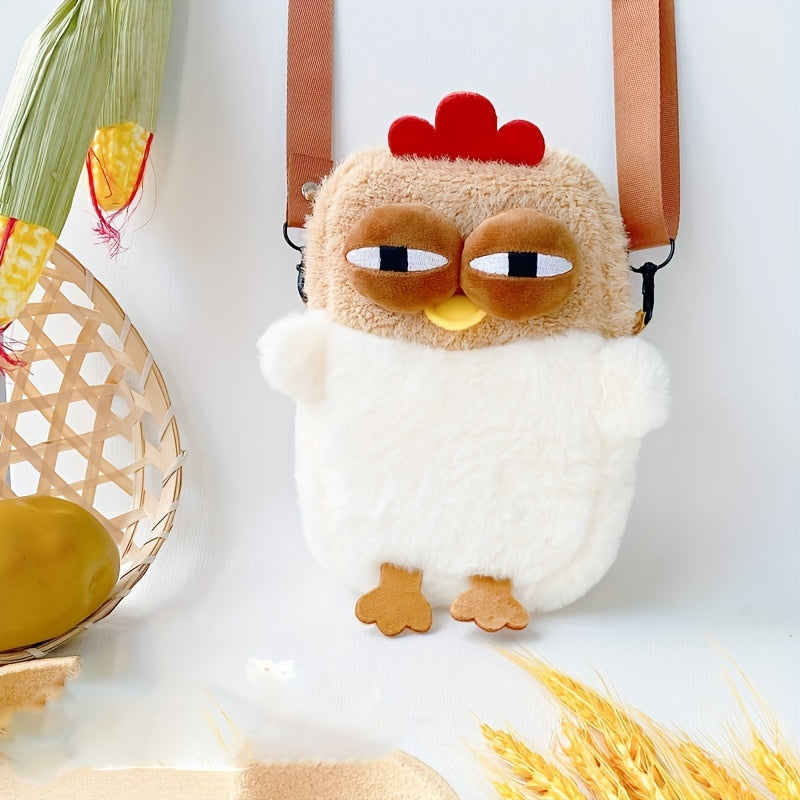 1pc Cartoon Chicken Plush Crossbody Phone Messenger Bag - Polyester, Animal Print, Soft, Lightweight, Detachable Strap, Zip Closure, Versatile Fashion Accessory for Women