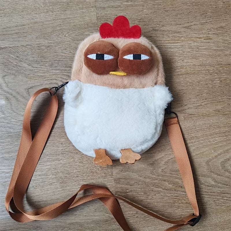 1pc Cartoon Chicken Plush Crossbody Phone Messenger Bag - Polyester, Animal Print, Soft, Lightweight, Detachable Strap, Zip Closure, Versatile Fashion Accessory for Women