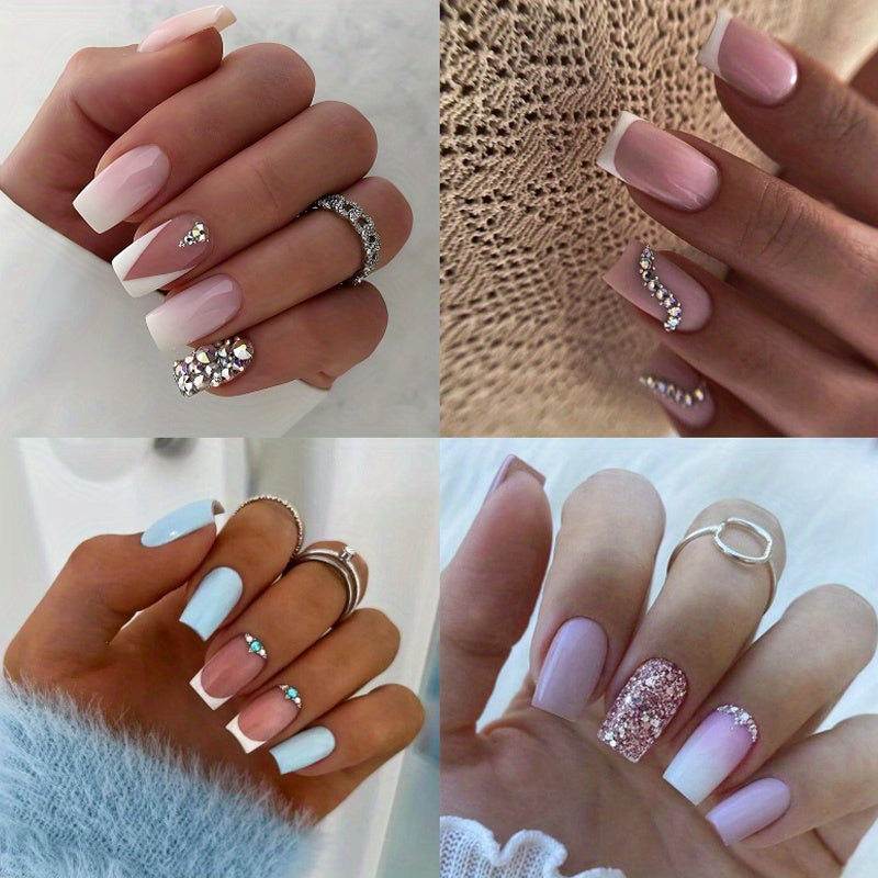 96PCS (4 PACK) Gradient Press on Nails with Rhinestones Design, Glossy Pink Ombre Medium Square False Nails Gel Glue on Nails Simple Crystal Manicure Art Acrylic Fake Nails Stick on Nails for Women Girls