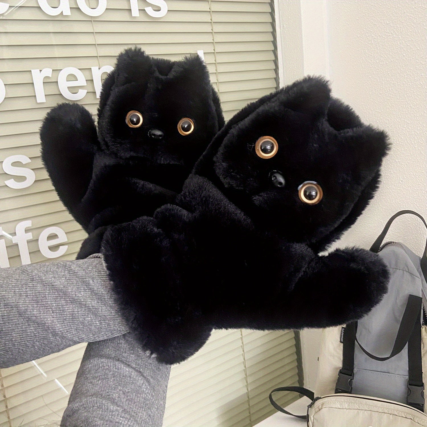 Charming Black Cat Plush Gloves for Women - Cozy & Warm Winter Accessory with Detachable Drawstring, Perfect for Casual Outings and Cycling