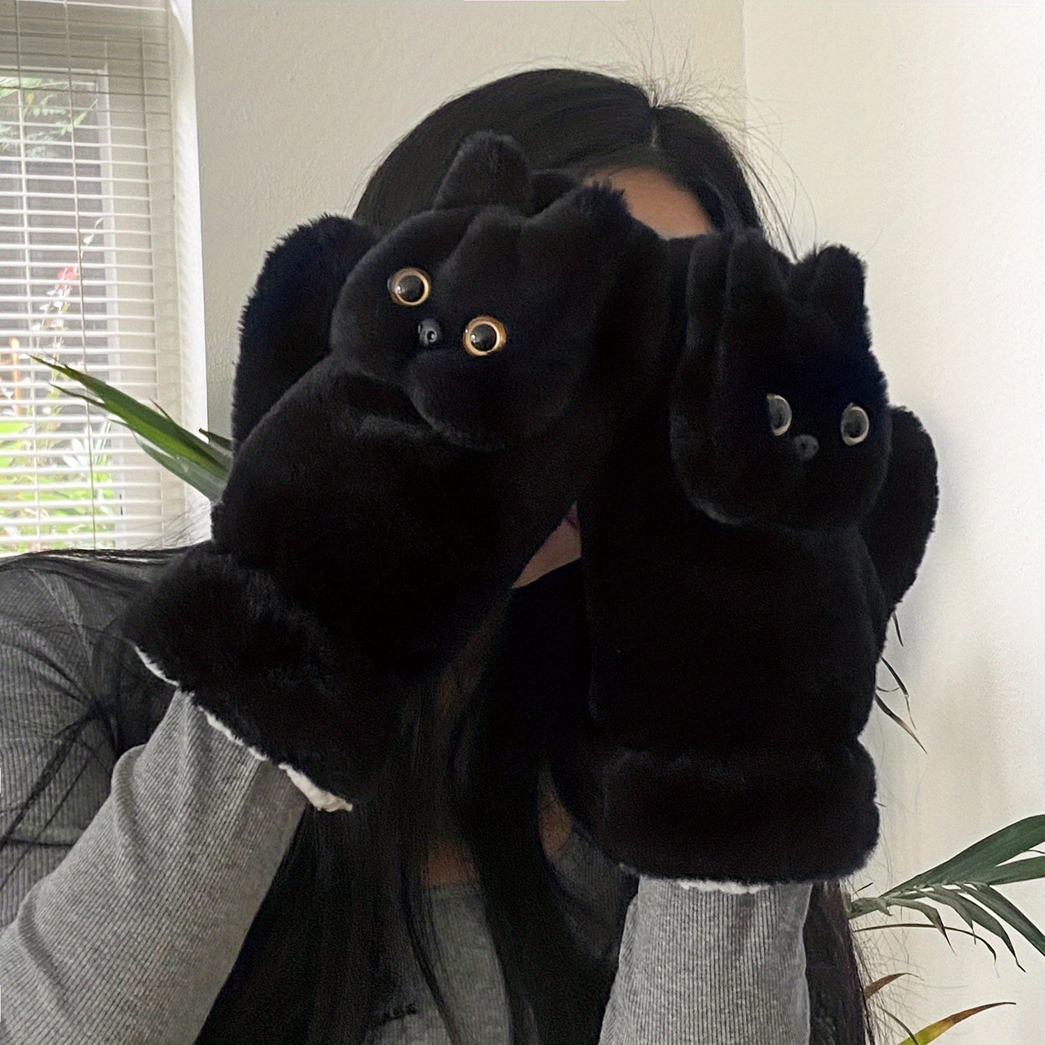 Charming Black Cat Plush Gloves for Women - Cozy & Warm Winter Accessory with Detachable Drawstring, Perfect for Casual Outings and Cycling