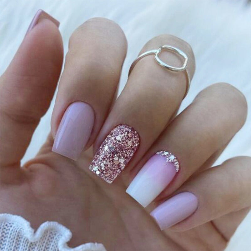 96PCS (4 PACK) Gradient Press on Nails with Rhinestones Design, Glossy Pink Ombre Medium Square False Nails Gel Glue on Nails Simple Crystal Manicure Art Acrylic Fake Nails Stick on Nails for Women Girls