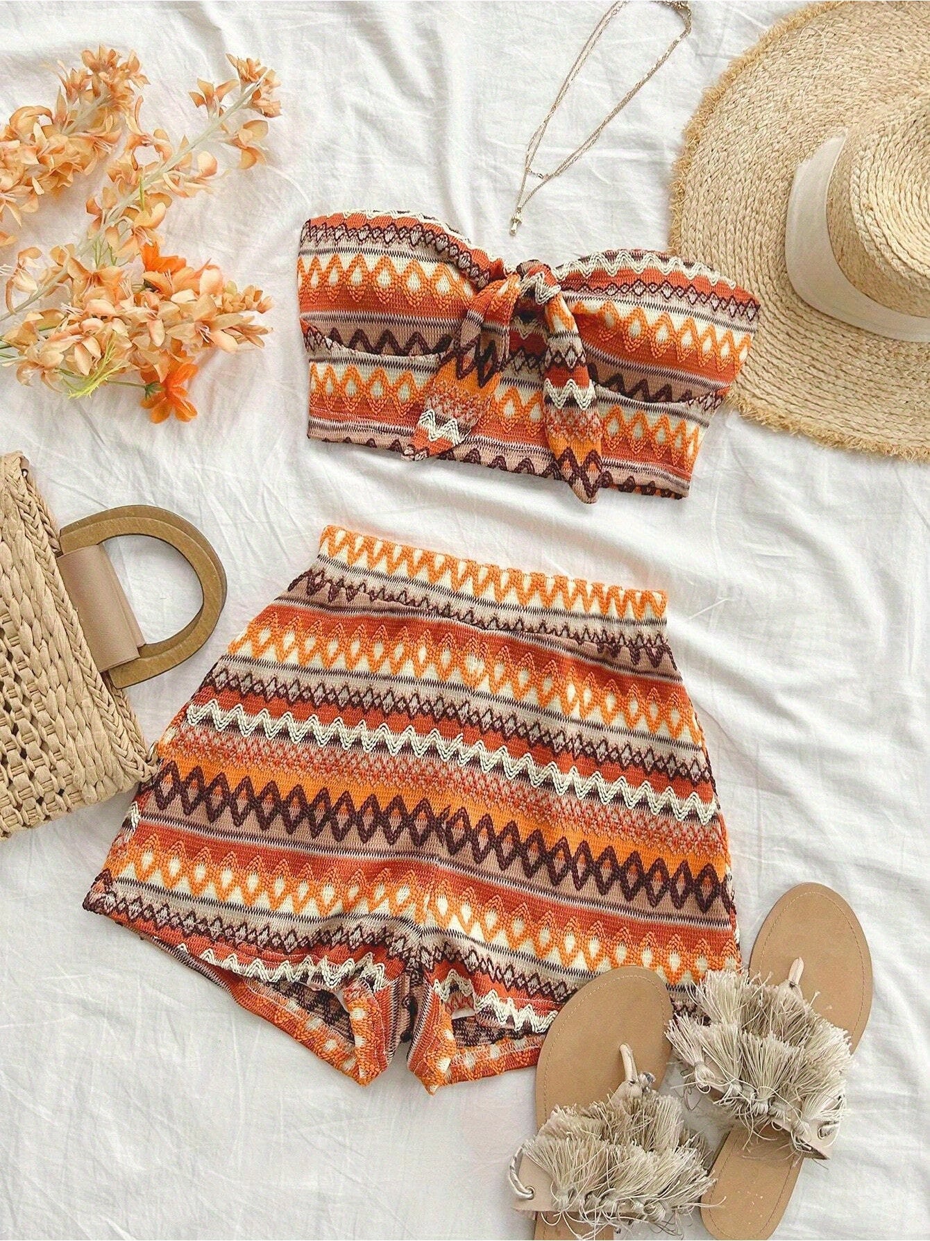 Women'S Summer Colorful Striped Elastic Sexy 2pcs Set/ Front Strap Top and High Waist Shorts, Suitable for Vacation and Daily Travel