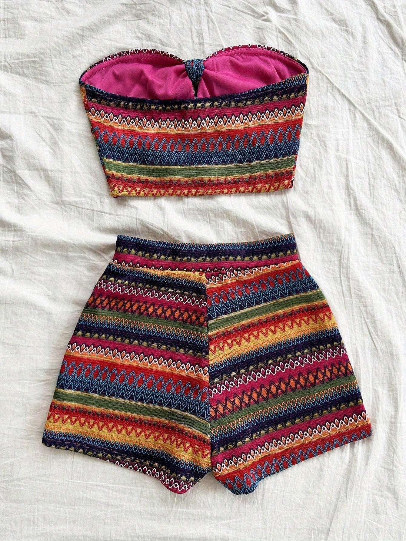 Women'S Summer Colorful Striped Elastic Sexy 2pcs Set/ Front Strap Top and High Waist Shorts, Suitable for Vacation and Daily Travel