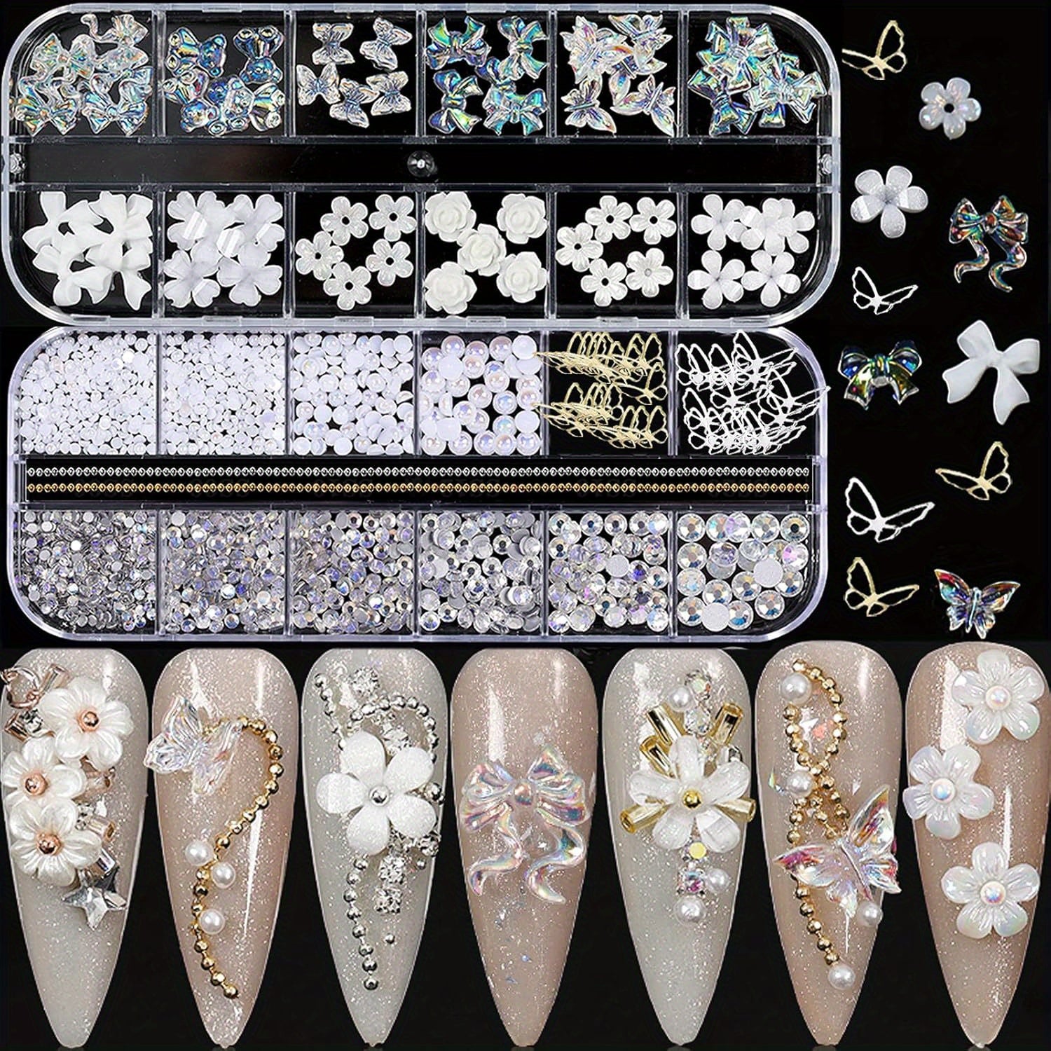 2pcs Luxurious Nail Art Decoration Kit with Sparkling Crystals & Pearls - Includes Aurora Butterfly, Flower, Bow Designs in Organizer Boxes - Ideal for DIY Nail Art & Crafts, Easy to Apply on Natural or Artificial Nails
