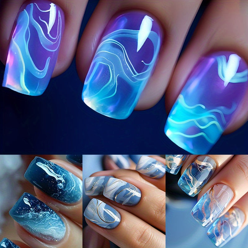 96PCS (4 PACK) Short Press on Nails Square False Nails Medium Length Acrylic Nails Gold Lines Fake Nails Glitter Ombre Glue on Nails Blue to Transparent Gradient Stick on Nails Full Cover Nails for Women