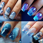 96PCS (4 PACK) Short Press on Nails Square False Nails Medium Length Acrylic Nails Gold Lines Fake Nails Glitter Ombre Glue on Nails Blue to Transparent Gradient Stick on Nails Full Cover Nails for Women