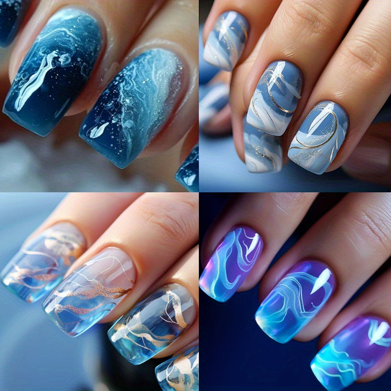 96PCS (4 PACK) Short Press on Nails Square False Nails Medium Length Acrylic Nails Gold Lines Fake Nails Glitter Ombre Glue on Nails Blue to Transparent Gradient Stick on Nails Full Cover Nails for Women