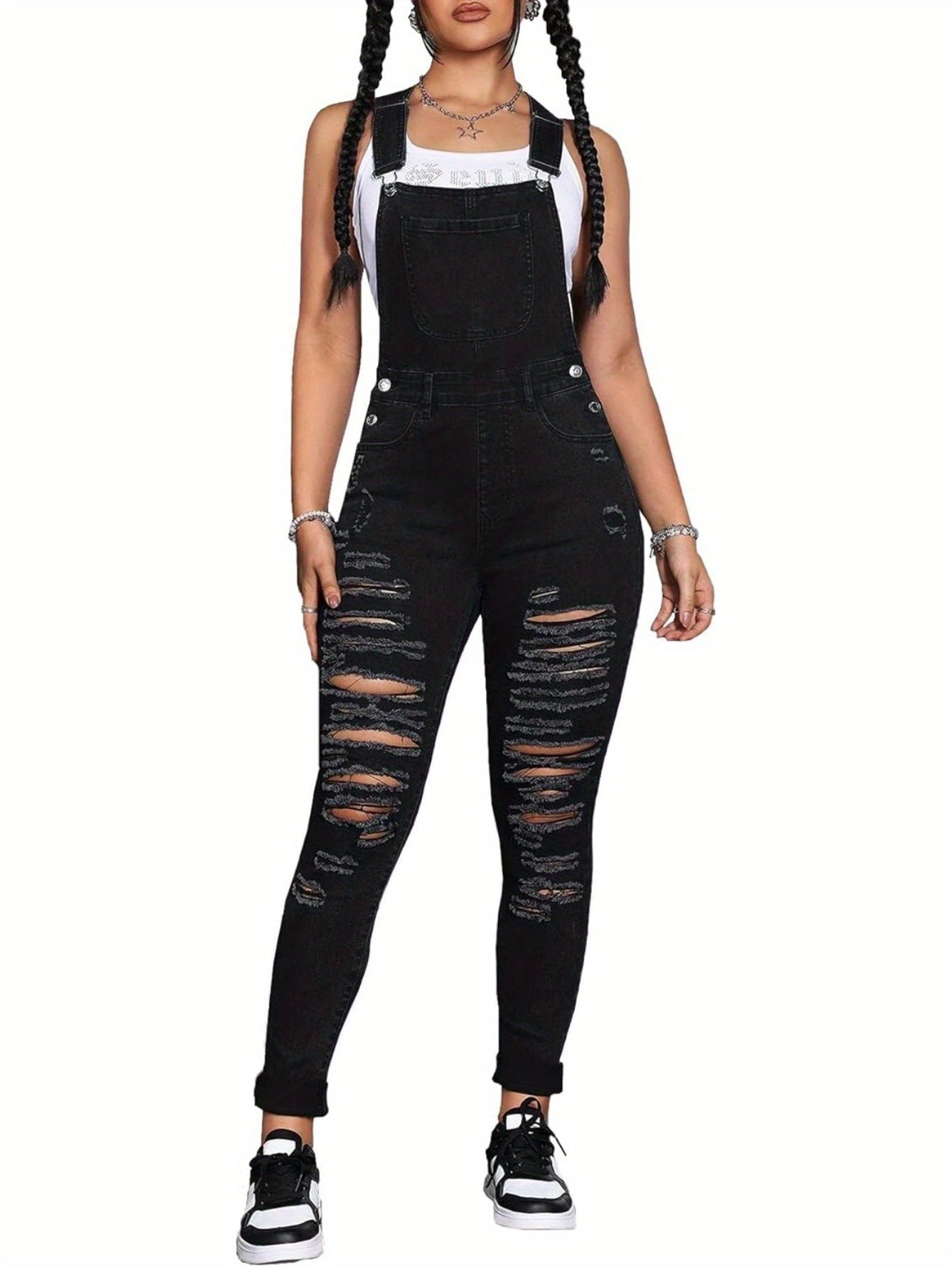Women'S Casual Skinny Ripped Denim Jumpsuit Adjustable Straps Jeans Overalls