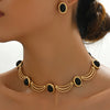 Elegant Copper Rhinestone Earrings and Necklace Set, Vintage-Inspired Black Oval Bead Design, Hypoallergenic Ear Needle, for Women, Ideal for Parties, Weddings, and Christmas Gifts, Suitable for Ages 14+