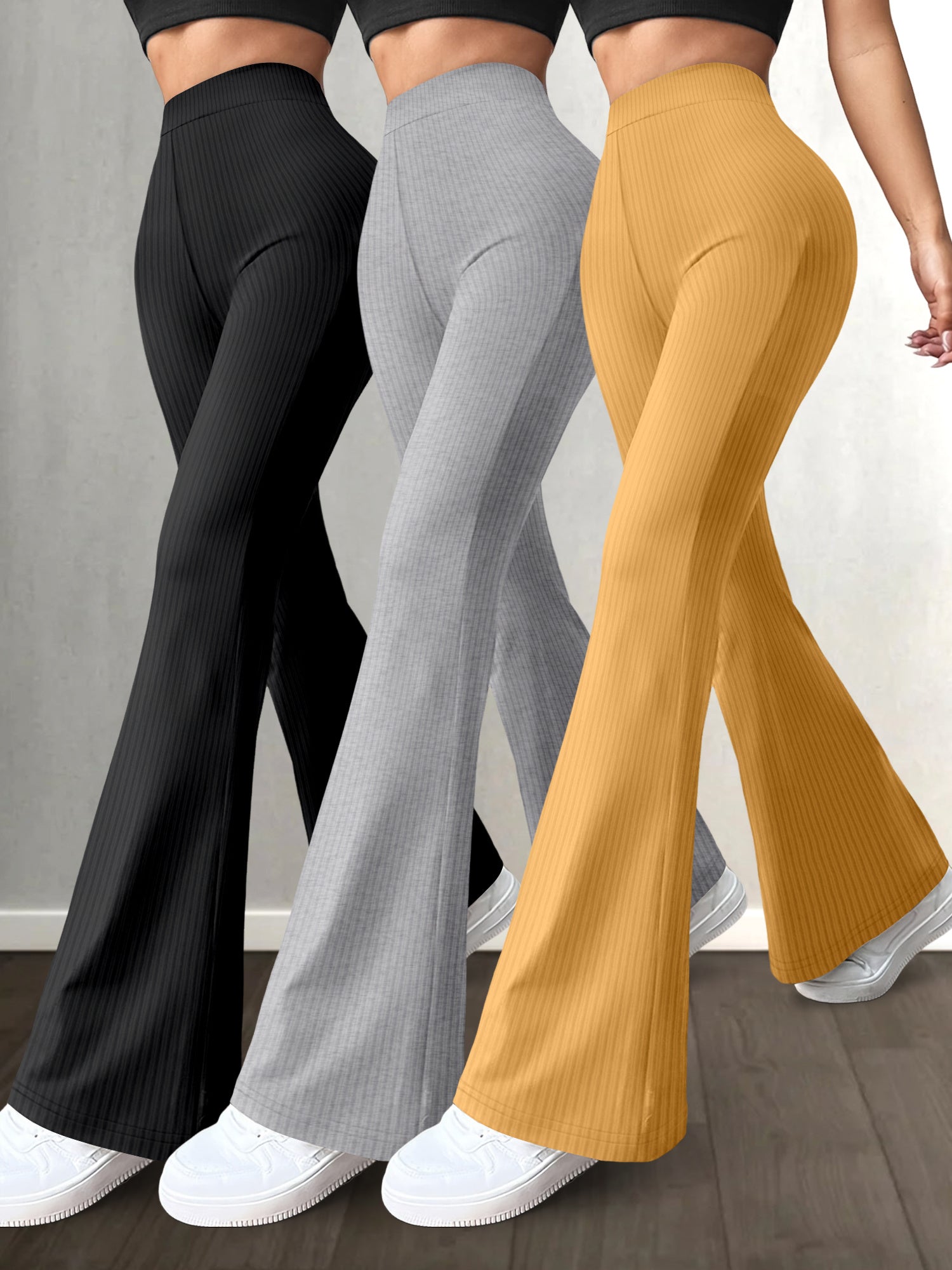 3pcs High-Waist Solid Color Flare Leg Pants for Women - Stretchy & Comfortable, Versatile Casual Yoga Pants in Black, Brown, & Maroon - Durable Polyester/Spandex Blend, Machine Washable