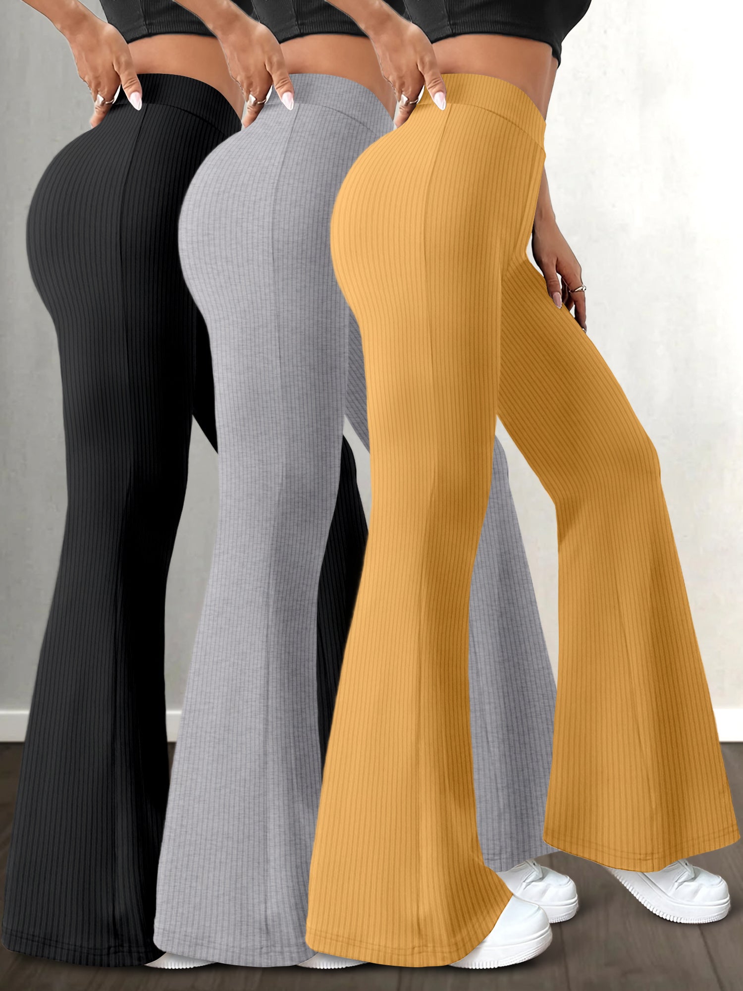 3pcs High-Waist Solid Color Flare Leg Pants for Women - Stretchy & Comfortable, Versatile Casual Yoga Pants in Black, Brown, & Maroon - Durable Polyester/Spandex Blend, Machine Washable