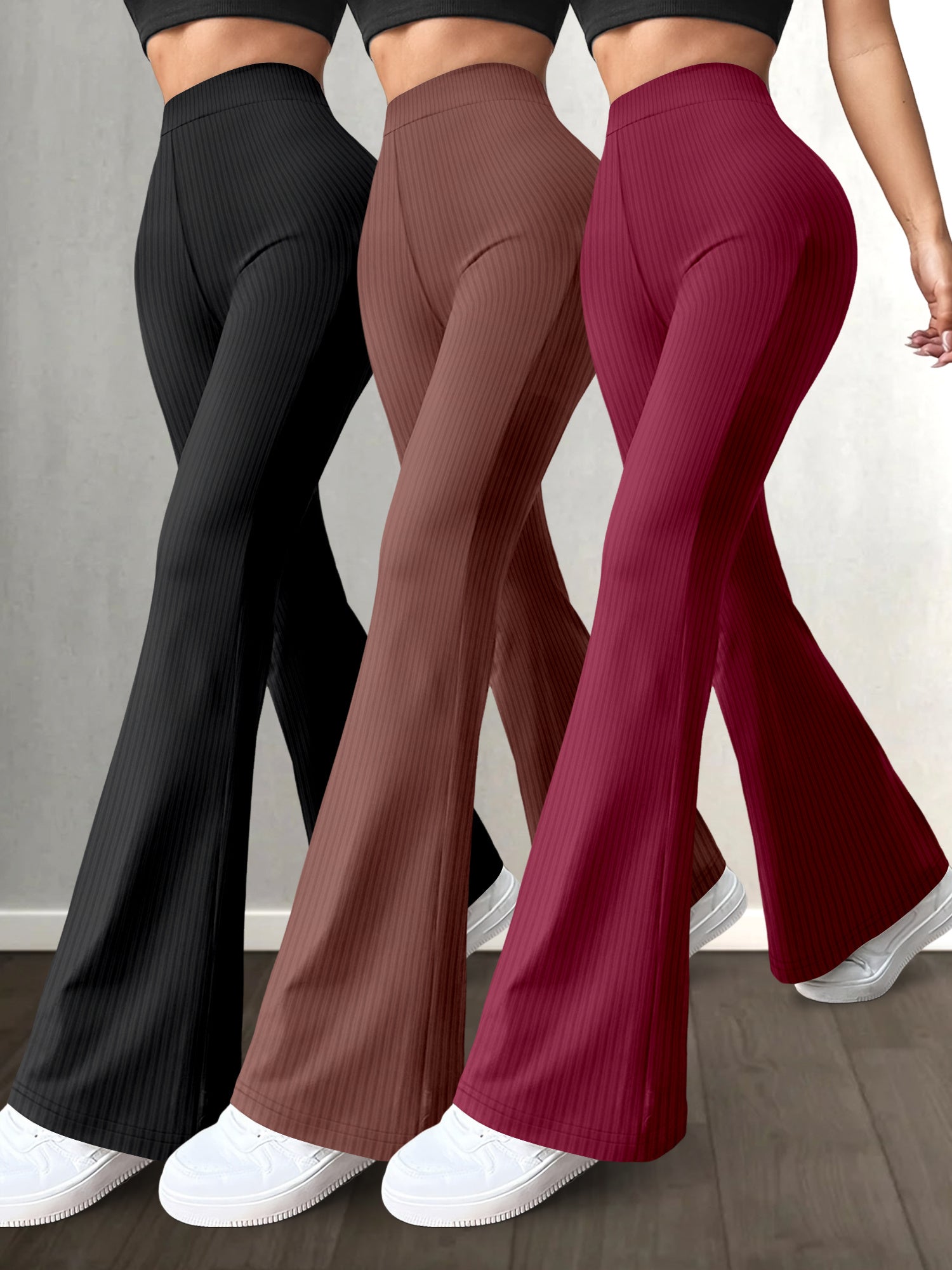 3pcs High-Waist Solid Color Flare Leg Pants for Women - Stretchy & Comfortable, Versatile Casual Yoga Pants in Black, Brown, & Maroon - Durable Polyester/Spandex Blend, Machine Washable