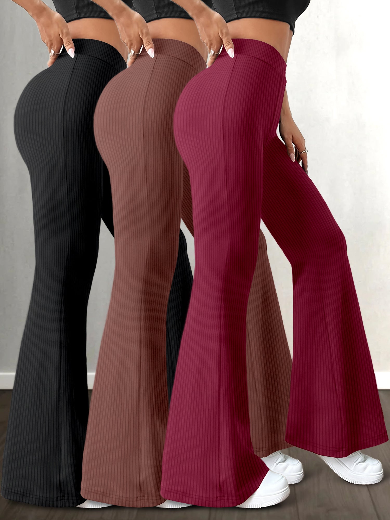 3pcs High-Waist Solid Color Flare Leg Pants for Women - Stretchy & Comfortable, Versatile Casual Yoga Pants in Black, Brown, & Maroon - Durable Polyester/Spandex Blend, Machine Washable