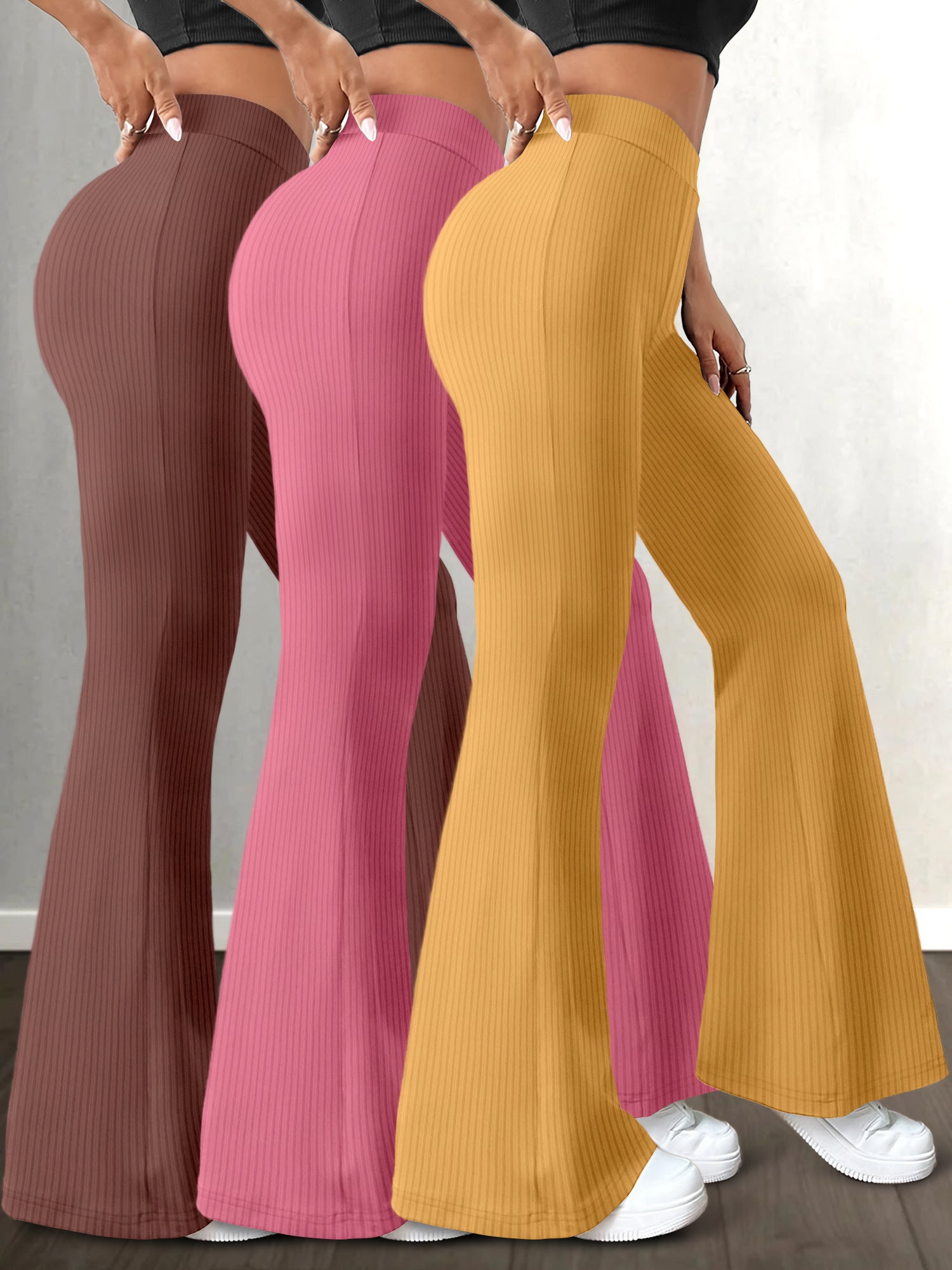 3pcs High-Waist Solid Color Flare Leg Pants for Women - Stretchy & Comfortable, Versatile Casual Yoga Pants in Black, Brown, & Maroon - Durable Polyester/Spandex Blend, Machine Washable