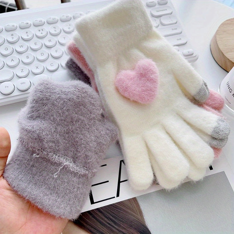 1 Pair Cozy Plush Love Heart Gloves for Women - Soft, Warm Touchscreen Mittens in Pink, Light Gray, White, and Beige - Thick Knit Winter Gloves with Elastic Fit for Evening Dates, Gloves for Cold Weather