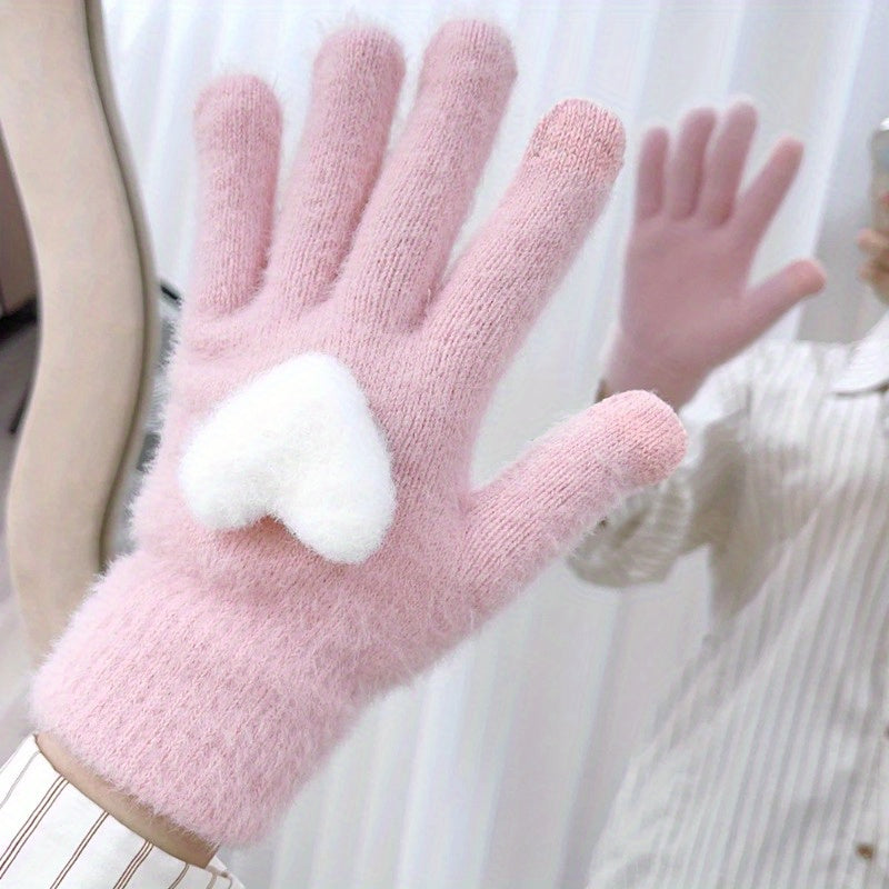 1 Pair Cozy Plush Love Heart Gloves for Women - Soft, Warm Touchscreen Mittens in Pink, Light Gray, White, and Beige - Thick Knit Winter Gloves with Elastic Fit for Evening Dates, Gloves for Cold Weather