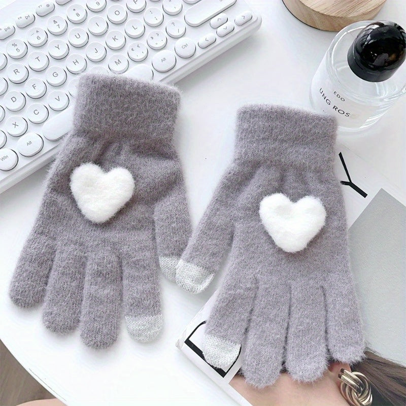 1 Pair Cozy Plush Love Heart Gloves for Women - Soft, Warm Touchscreen Mittens in Pink, Light Gray, White, and Beige - Thick Knit Winter Gloves with Elastic Fit for Evening Dates, Gloves for Cold Weather
