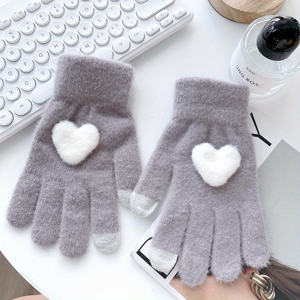 1 Pair Cozy Plush Love Heart Gloves for Women - Soft, Warm Touchscreen Mittens in Pink, Light Gray, White, and Beige - Thick Knit Winter Gloves with Elastic Fit for Evening Dates, Gloves for Cold Weather