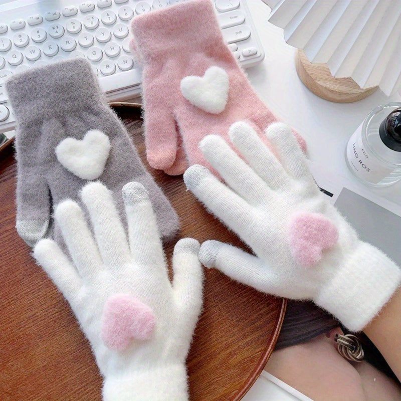1 Pair Cozy Plush Love Heart Gloves for Women - Soft, Warm Touchscreen Mittens in Pink, Light Gray, White, and Beige - Thick Knit Winter Gloves with Elastic Fit for Evening Dates, Gloves for Cold Weather