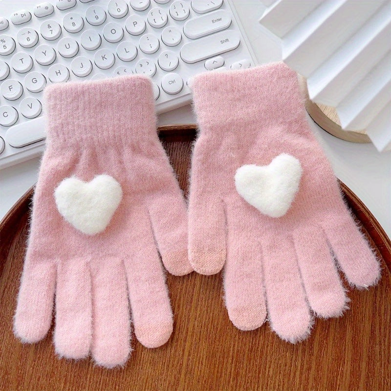 1 Pair Cozy Plush Love Heart Gloves for Women - Soft, Warm Touchscreen Mittens in Pink, Light Gray, White, and Beige - Thick Knit Winter Gloves with Elastic Fit for Evening Dates, Gloves for Cold Weather